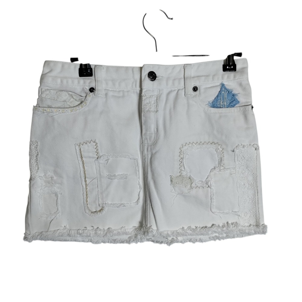 Ralph Lauren Girls White Denim Mini Skirt Size 14 Distressed Frayed